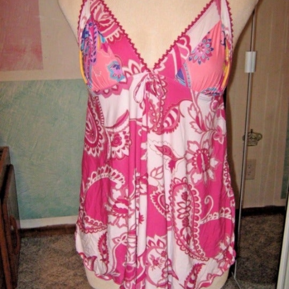 Pink White Floral Ruffle Hem Spaghetti Flare Tank